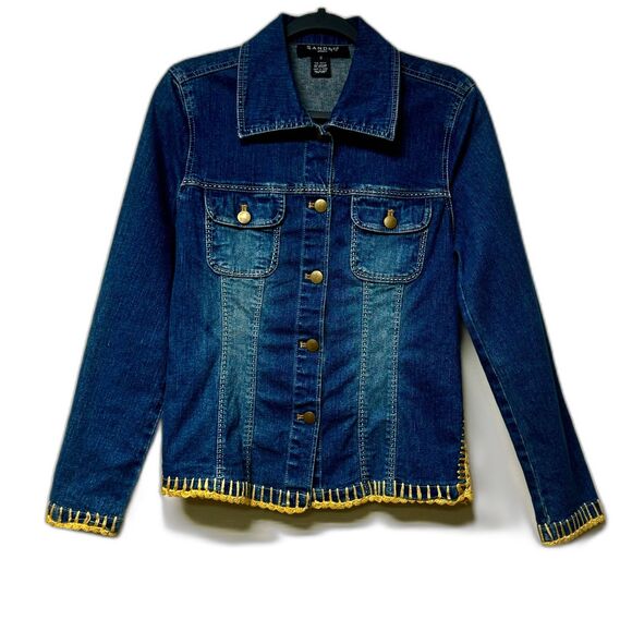 SANDRO SPORTWEAR Crochet Insert Whipstitch Detail Boho Denim Jacket - Picture 2 of 11